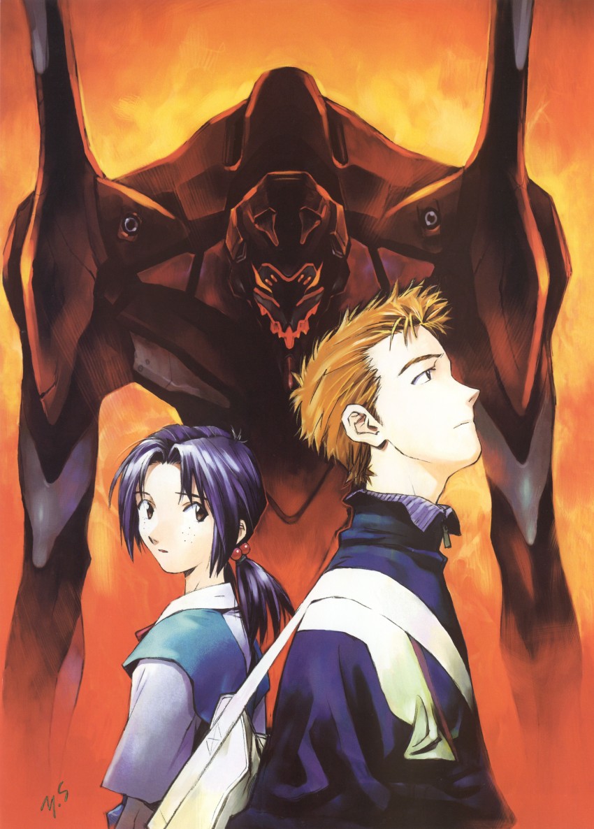 horaki hikari, suzuhara touji, and eva 03 (neon genesis evangelion) drawn by sadamoto_yoshiyuki