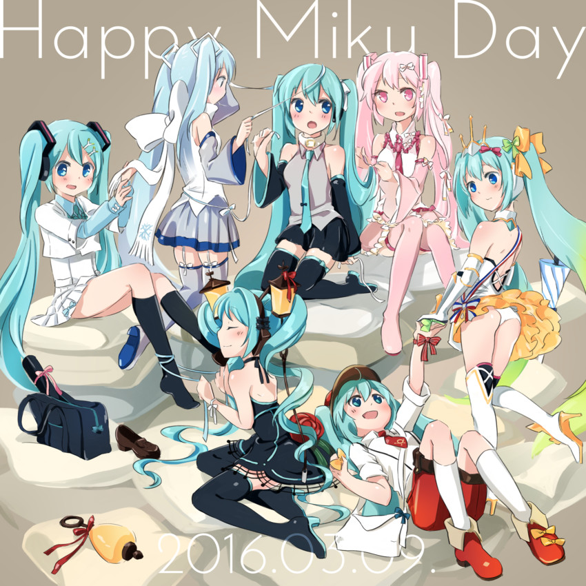 hatsune miku, yuki miku, sakura miku, racing miku, and lamp miku (vocaloid and 2 more) drawn by yuunagi_show