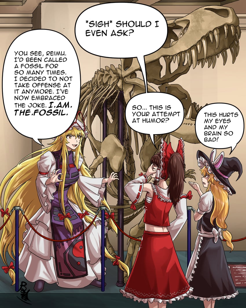 hakurei reimu, kirisame marisa, and yakumo yukari (touhou and 1 more) drawn by buhbuhbored