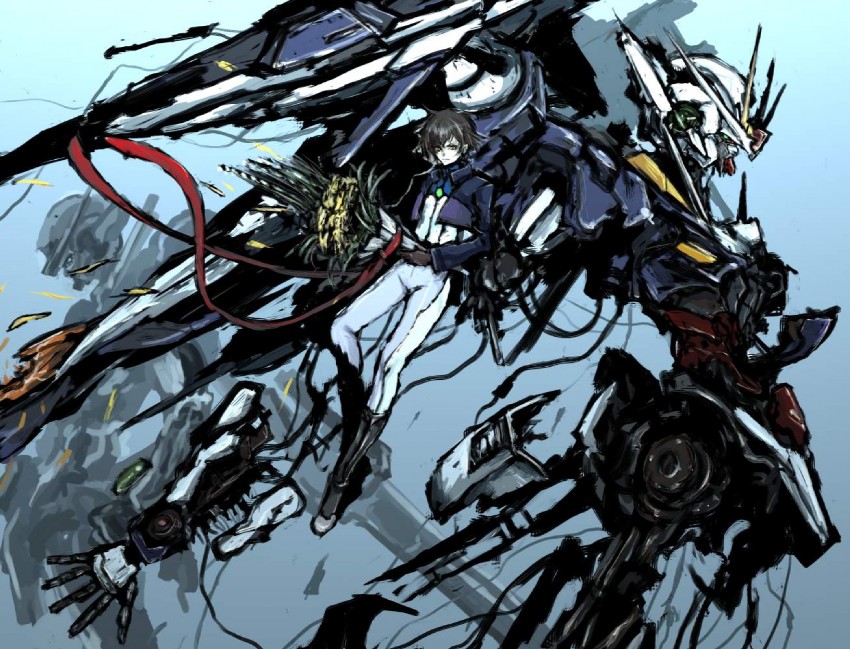 setsuna f. seiei, gundam exia, and 00 raiser (gundam and 1 more) drawn by moto_murabito