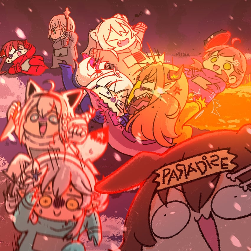 houshou marine, shirakami fubuki, sakura miko, amane kanata, shirogane noel, and 11 more (hololive and 1 more) drawn by wakatsuki_misato