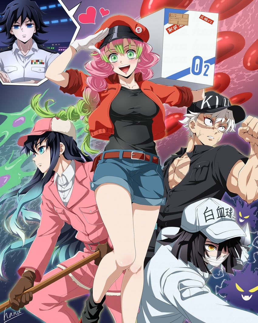 kanroji mitsuri, tomioka giyuu, white blood cell, tokitou muichirou, shinazugawa sanemi, and 5 more (kimetsu no yaiba and 1 more) drawn by hana_ni_nare