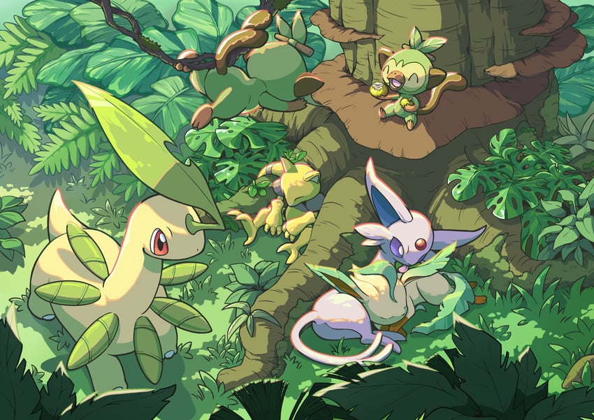 espeon, leafeon, grookey, bayleef, and abra (pokemon) drawn by q-chan