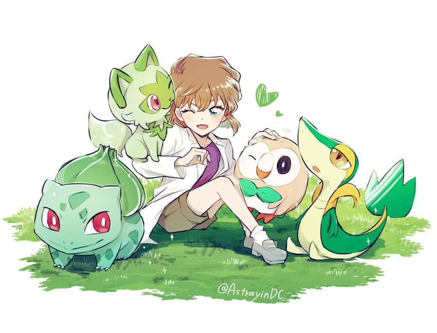 rowlet, bulbasaur, sprigatito, snivy, and haibara ai (pokemon and 1 more) drawn by astrayin