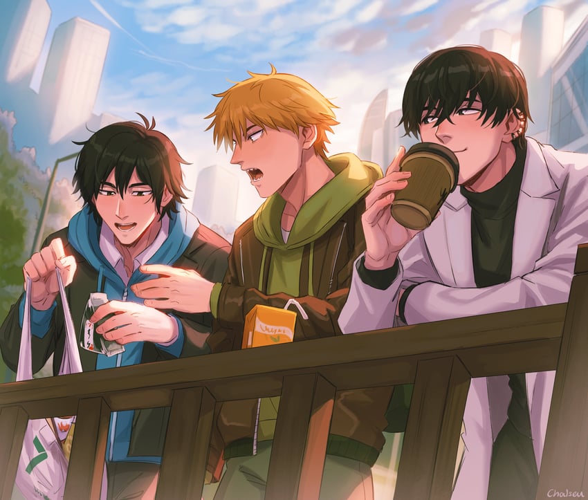 denji, yoshida hirofumi, and sugo miri (chainsaw man) drawn by chalseu
