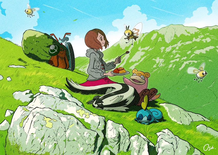 gloria, sobble, cutiefly, ribombee, galarian slowpoke, and 1 more (pokemon and 1 more) drawn by oshiruko_(oshiruko_s2)