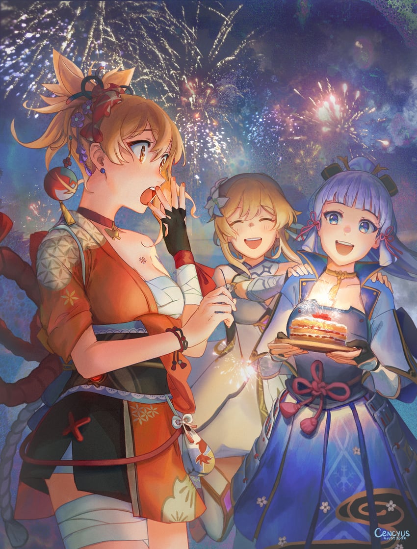 lumine, kamisato ayaka, and yoimiya (genshin impact) drawn by cencyus