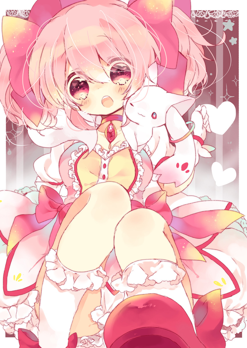 kaname madoka and kyubey (mahou shoujo madoka magica) drawn by nekoto_rina