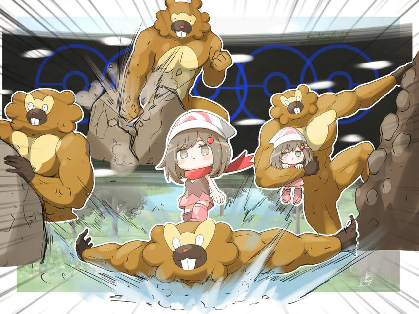 dawn, bidoof, bibarel, and kuraishi ringo (original and 2 more) drawn by glassy0302