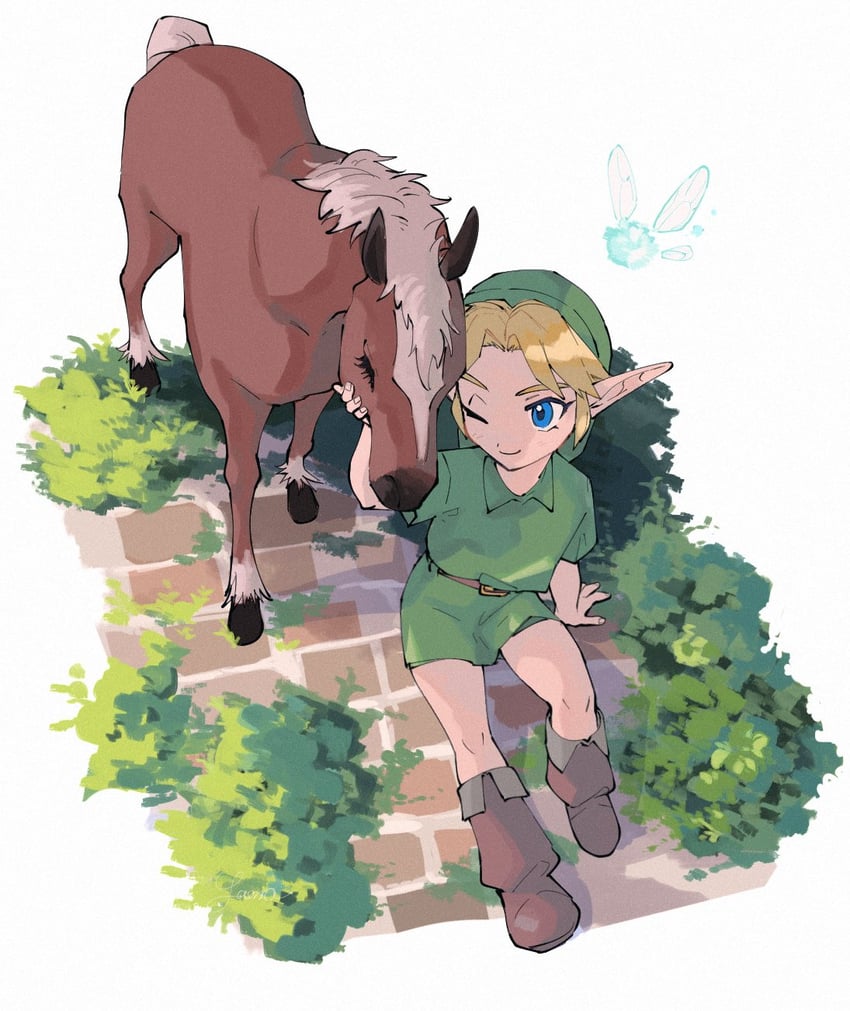 link, young link, navi, and epona (the legend of zelda and 1 more) drawn by yamori_(yamoooon21)