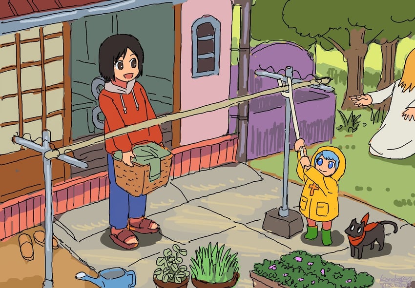 shinonome nano, professor shinonome, sakamoto, and luce (nichijou and 1 more) drawn by kanokoga