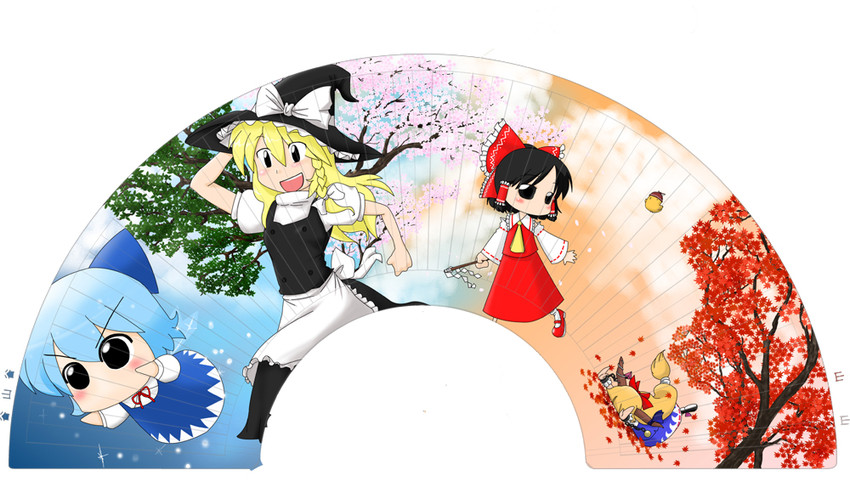 hakurei reimu, kirisame marisa, cirno, mystia lorelei, and ibuki suika (touhou) drawn by yuuya_(a1122)
