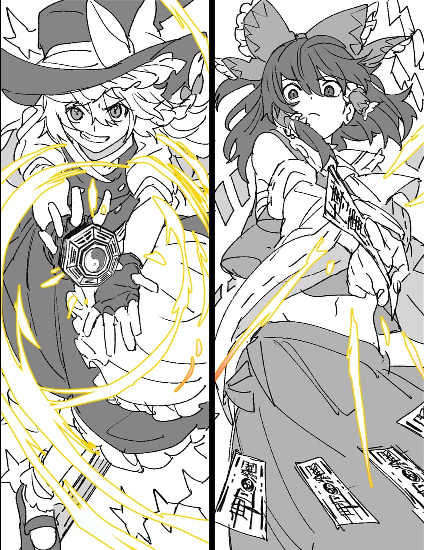 hakurei reimu and kirisame marisa (touhou) drawn by mero_(starfish_jcs)