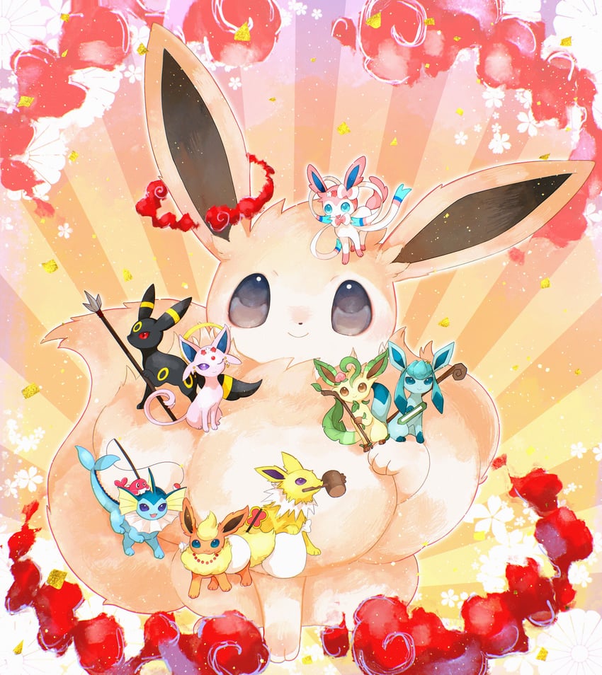 eevee, sylveon, umbreon, glaceon, vaporeon, and 6 more (pokemon) drawn by sasano_hamochi