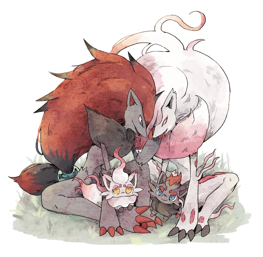 zorua, hisuian zorua, zoroark, and hisuian zoroark (pokemon) drawn by ii_ebidashi