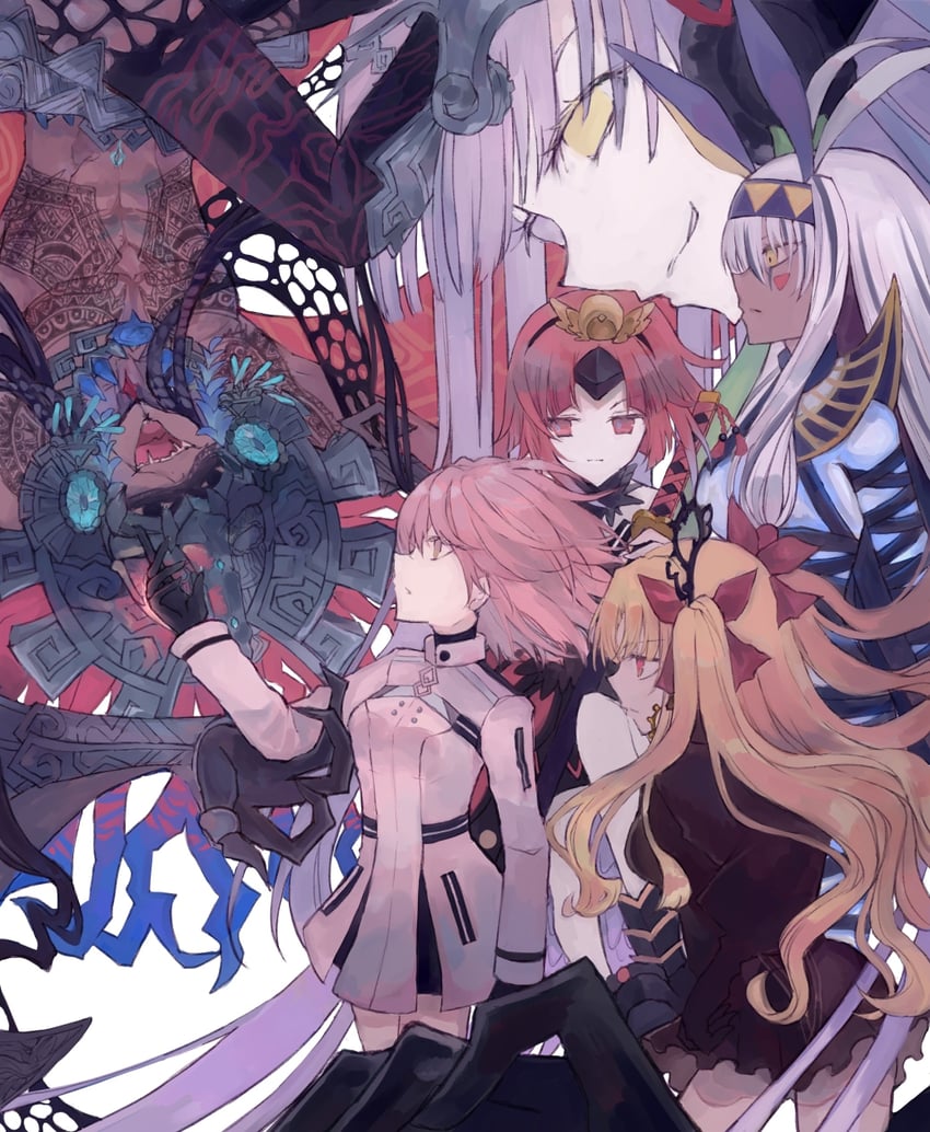fujimaru ritsuka, ereshkigal, nitocris, beni-enma, kingprotea, and 5 more (fate and 1 more) drawn by damage_hair