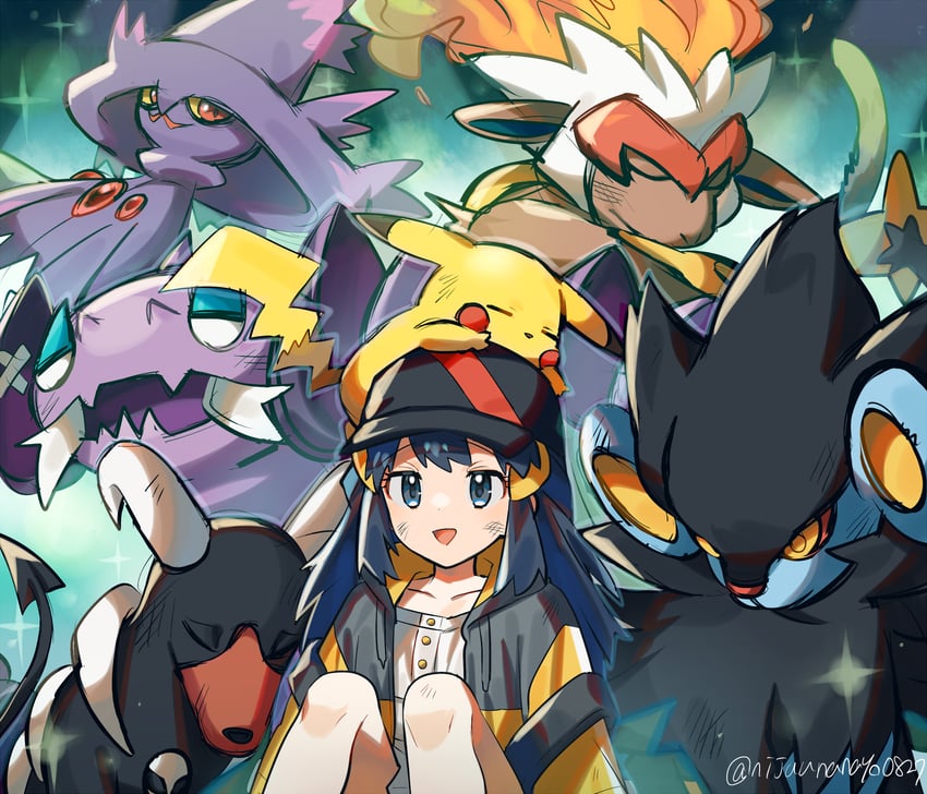 pikachu, dawn, mismagius, luxray, houndoom, and 2 more (pokemon and 1 more) drawn by ninahachi