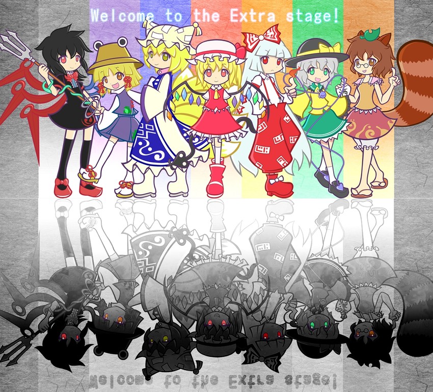 flandre scarlet, komeiji koishi, fujiwara no mokou, yakumo ran, moriya suwako, and 2 more (touhou and 2 more) drawn by kawamochi_(mocchii)