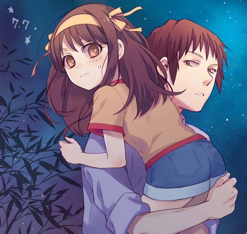 suzumiya haruhi and kyon (suzumiya haruhi no yuuutsu) drawn by fujimura_kyuu
