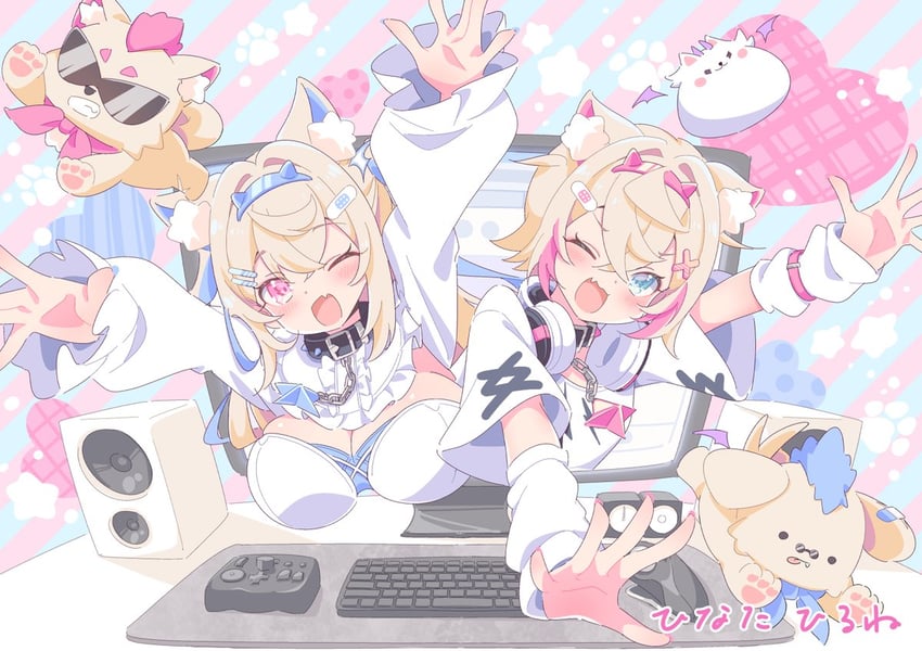fuwawa abyssgard, mococo abyssgard, perroccino, and ruffian (hololive and 1 more) drawn by hinata_hirune