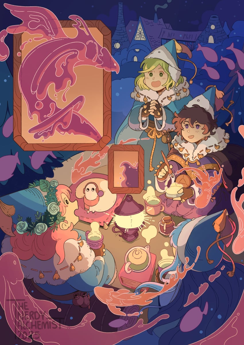 coco, brushbuddy, agott, richeh, and tetia (tongari boushi no atelier) drawn by thenerdyalchemist
