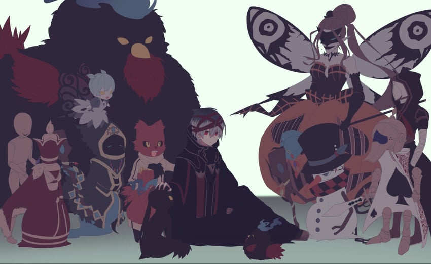 prometheus, boogie villain, cocco villain, chaos godmother, homunculus, and 8 more (grimms notes) drawn by iumi_urura