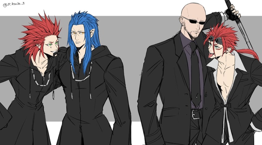 axel, reno, rude, and saix (final fantasy and 4 more) drawn by s_kouta_s