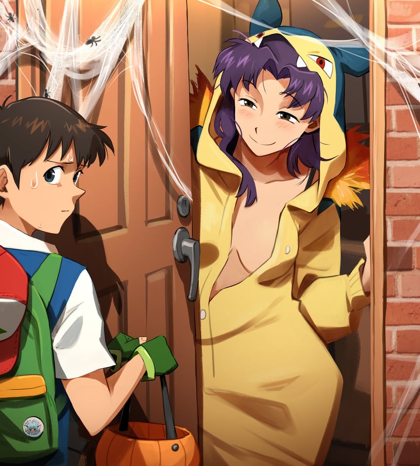 ash ketchum, ikari shinji, vaporeon, katsuragi misato, typhlosion, and 1 more (pokemon and 1 more) drawn by khyle.