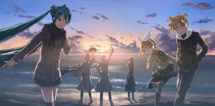 hatsune miku, kagamine rin, kagamine len, kaito, meiko, and 1 more (vocaloid) drawn by isou_nagi