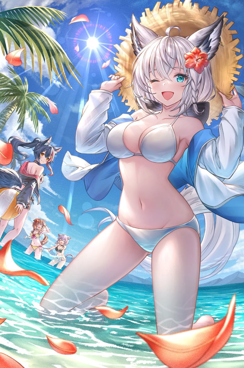 shirakami fubuki, nekomata okayu, ookami mio, and inugami korone (hololive) drawn by tazaki_hayato
