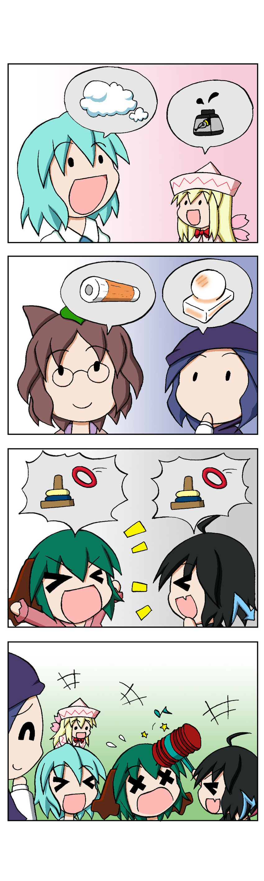 tatara kogasa, houjuu nue, kumoi ichirin, kasodani kyouko, futatsuiwa mamizou, and 1 more (touhou) drawn by rakugaki-biyori