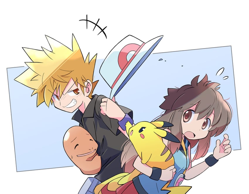 pikachu, blue oak, leaf, and charmander (pokemon and 1 more) drawn by rascal_(feuille)