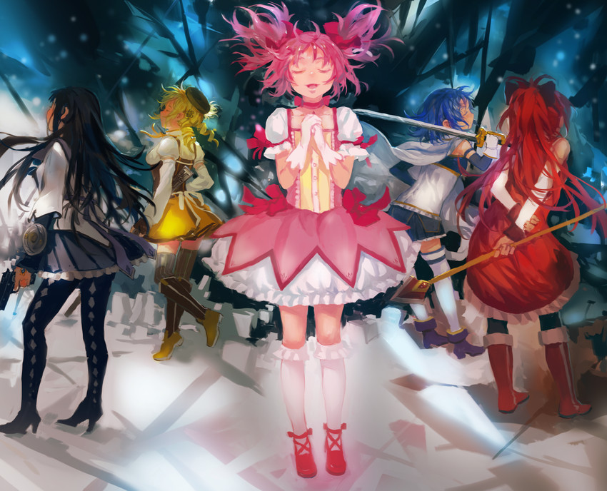 akemi homura, kaname madoka, miki sayaka, sakura kyoko, and tomoe mami (mahou shoujo madoka magica) drawn by zrero