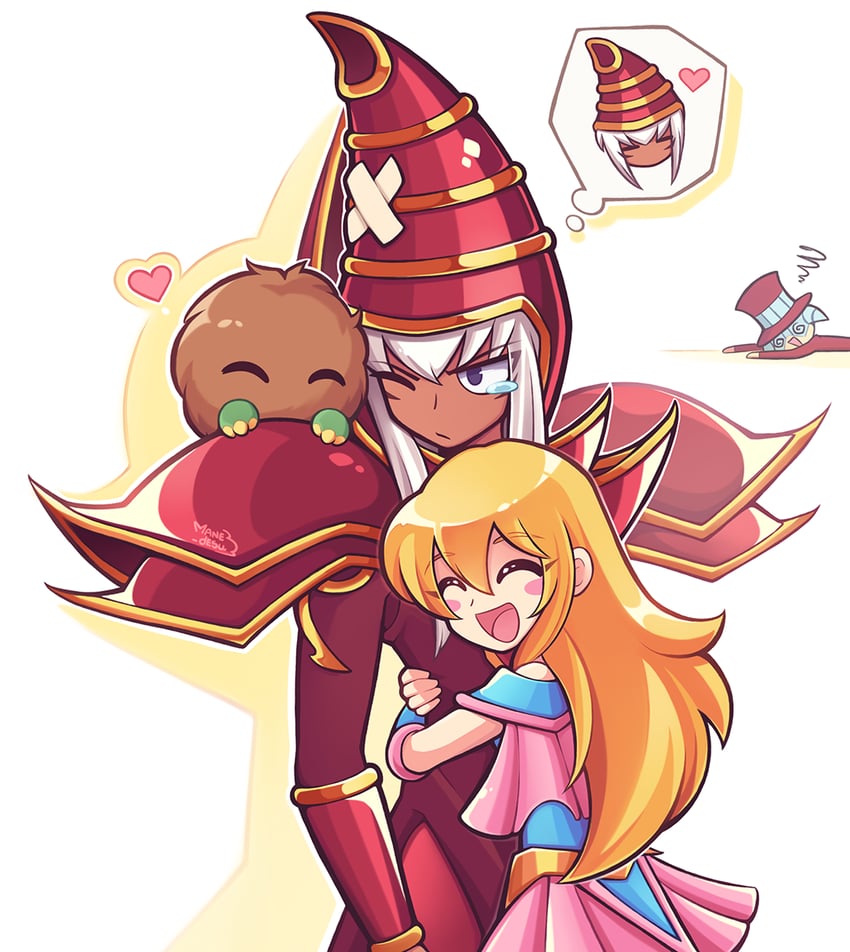 dark magician girl, dark magician, kuriboh, and pandora (yu-gi-oh!) drawn by mane_desu