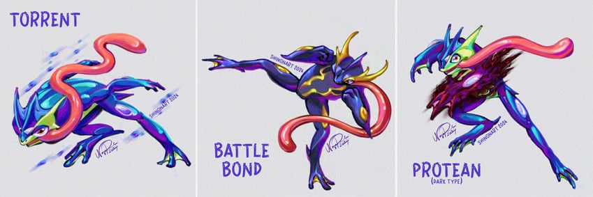 greninja and ash-greninja (pokemon) drawn by shadeofshinon