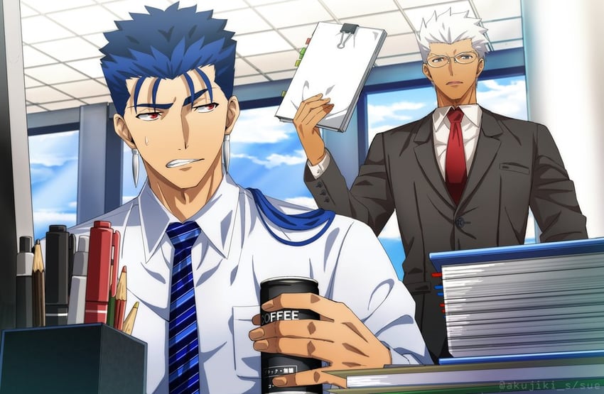 cu chulainn and archer (fate and 2 more) drawn by akujiki59