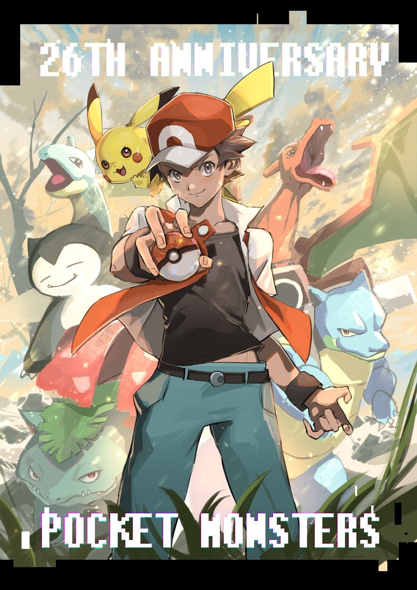 pikachu, red, charizard, snorlax, lapras, and 2 more (pokemon and 2 more) drawn by yoru_tsuki12