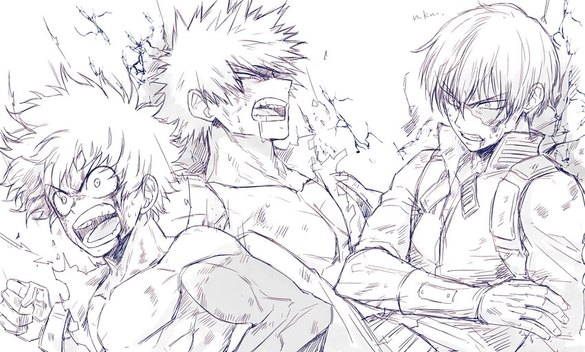 midoriya izuku, bakugou katsuki, and todoroki shoto (boku no hero academia) drawn by mkm_(mkm_storage)