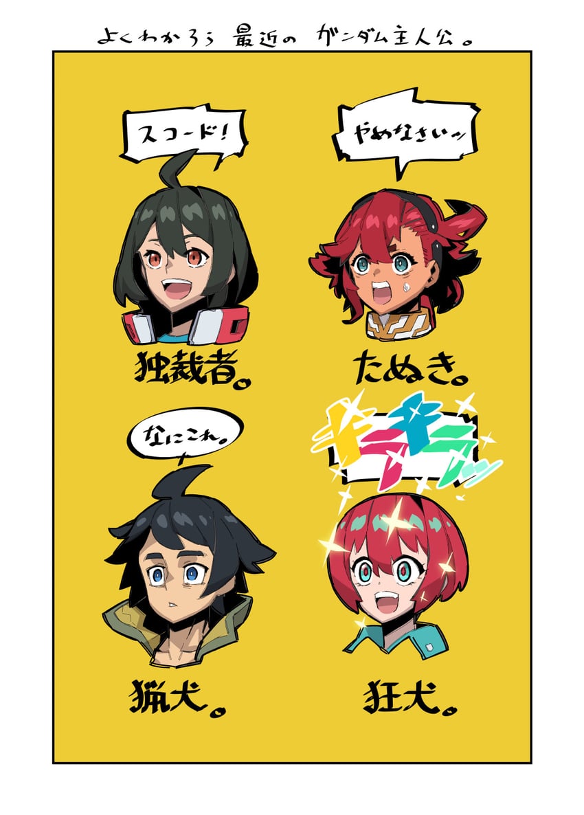 suletta mercury, amate yuzuriha, mikazuki augus, and bellri zenam (gundam and 4 more) drawn by gangure_(disemboweled)