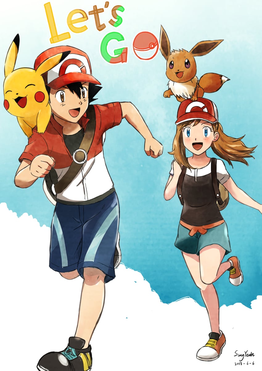 pikachu, ash ketchum, eevee, serena, elaine, and 1 more (pokemon and 2 more) drawn by sungyeah