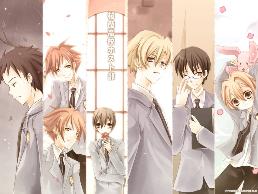 fujioka haruhi, suou tamaki, hitachiin hikaru, hitachiin kaoru, haninozuka mitsukuni, and 2 more (ouran high school host club) drawn by zaphk