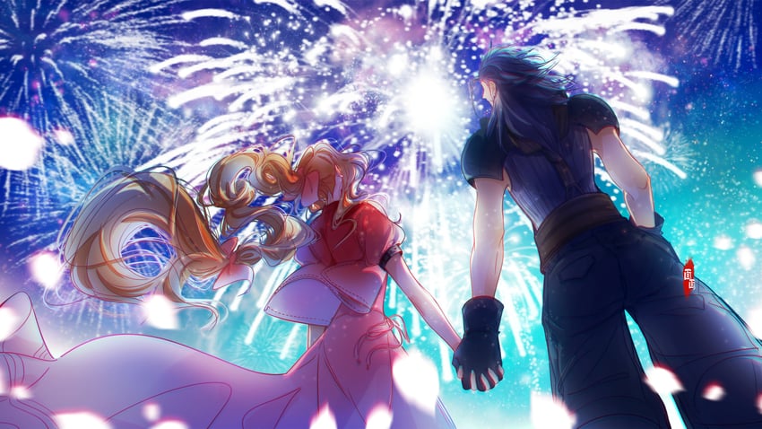 aerith gainsborough and zack fair (final fantasy and 3 more) drawn by mianmian741