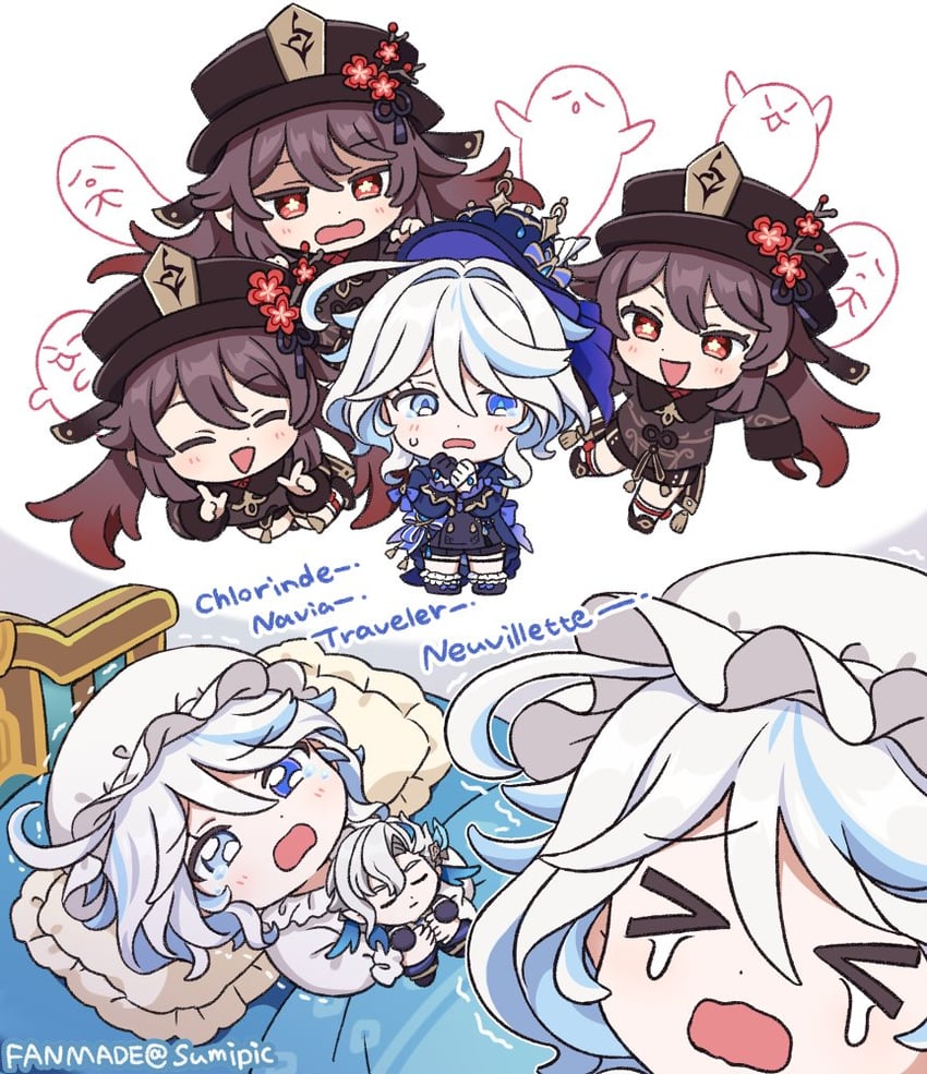 hu tao, furina, boo tao, and neuvillette (genshin impact) drawn by sumipic