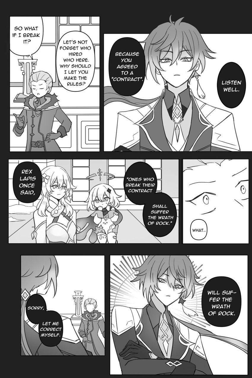 lumine, zhongli, paimon, and kliment (genshin impact) drawn by coffee_raya