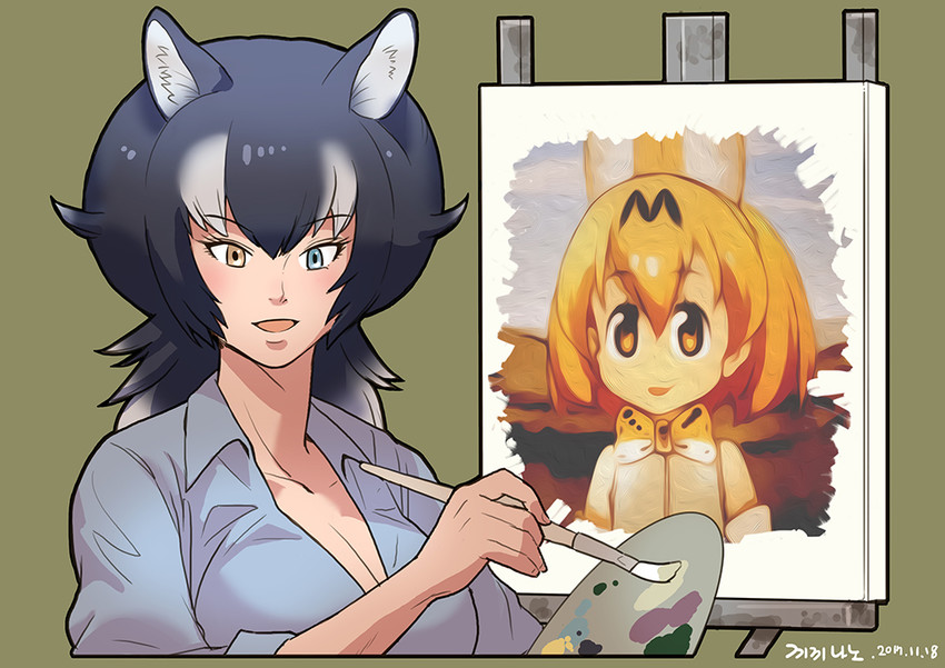 serval, grey wolf, and bob ross (kemono friends and 1 more) drawn by roonhee