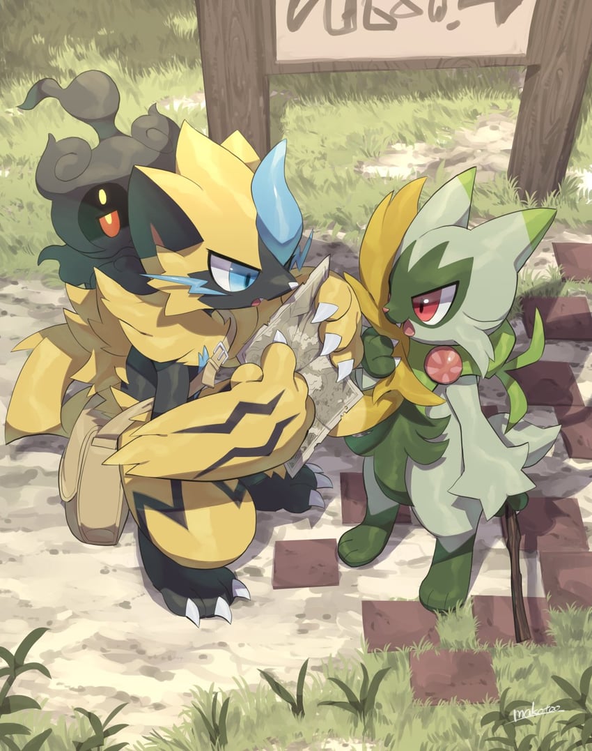 floragato, zeraora, and marshadow (pokemon and 1 more) drawn by makoto_ikemu