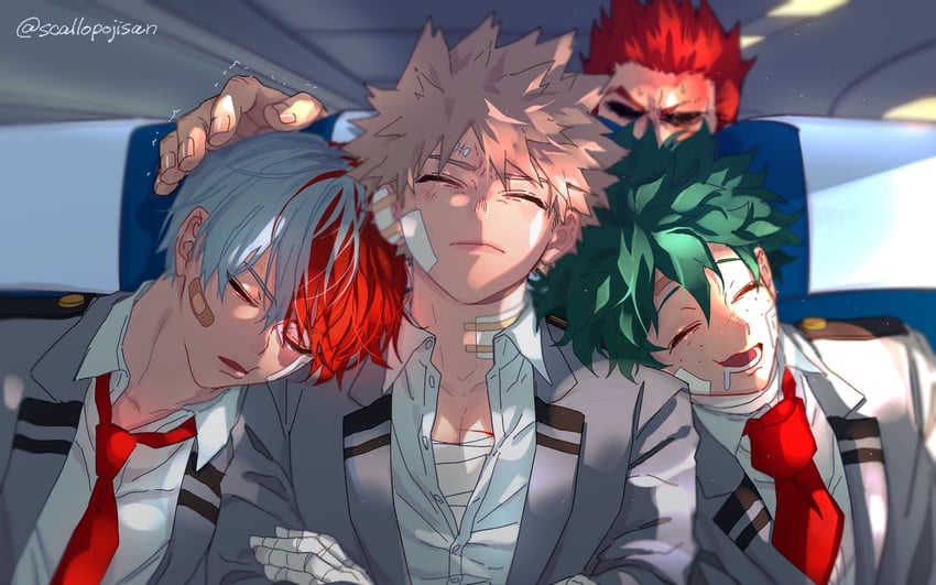 midoriya izuku, bakugou katsuki, todoroki shoto, and endeavor (boku no hero academia) drawn by scallopojisan