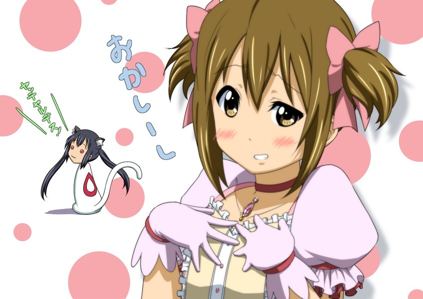 kaname madoka, nakano azusa, kyubey, and tainaka ritsu (mahou shoujo madoka magica and 1 more) drawn by oku_no_shi