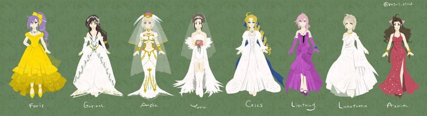 aerith gainsborough, garnet til alexandros xvii, yuna, celes chere, faris scherwiz, and 3 more (final fantasy and 9 more) drawn by miri_(mirik)