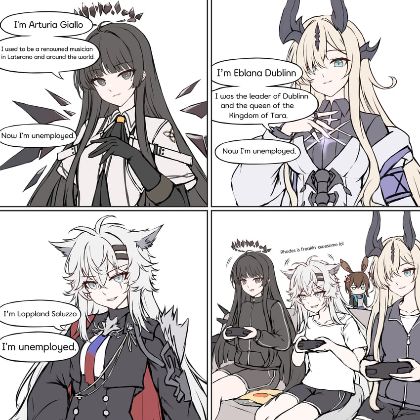 amiya, lappland, virtuosa, lappland the decadenza, and necrass (arknights) drawn by gongbangmanchi_(daisy_cutter)